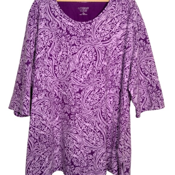 Catherines Easy Fit Tees Shirt Plus Size 4X Purple Paisley Knit Cotton 3/4 Slv - Picture 1 of 14